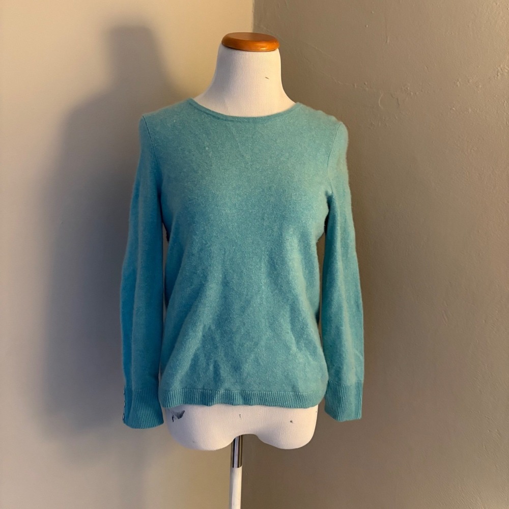 100% Cashmere Talbots Petites Pure Cashmere Crewneck Sweater Aqua Blue Size MP - Picture 2 of 7